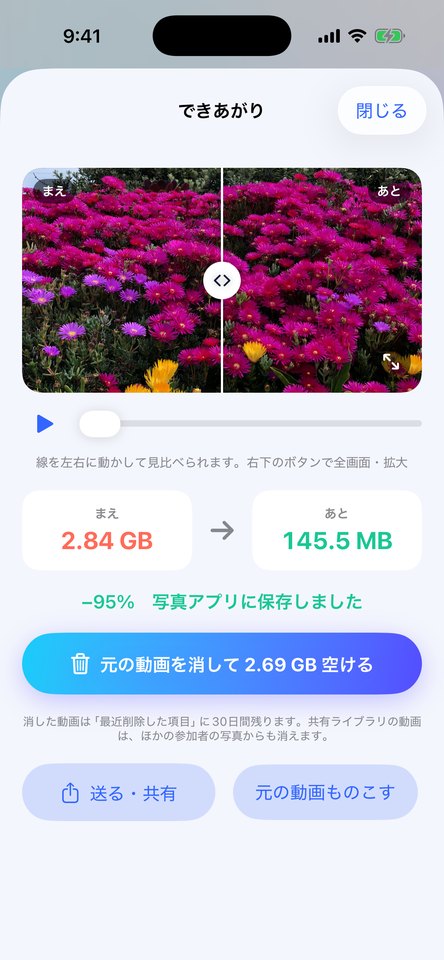 圧縮前と圧縮後を線を動かして見比べる画面（2.84GB→145.5MB）